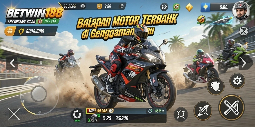 Screenshot BETWIN188 menampilkan adrenalina tinggi dalam balapan motor.